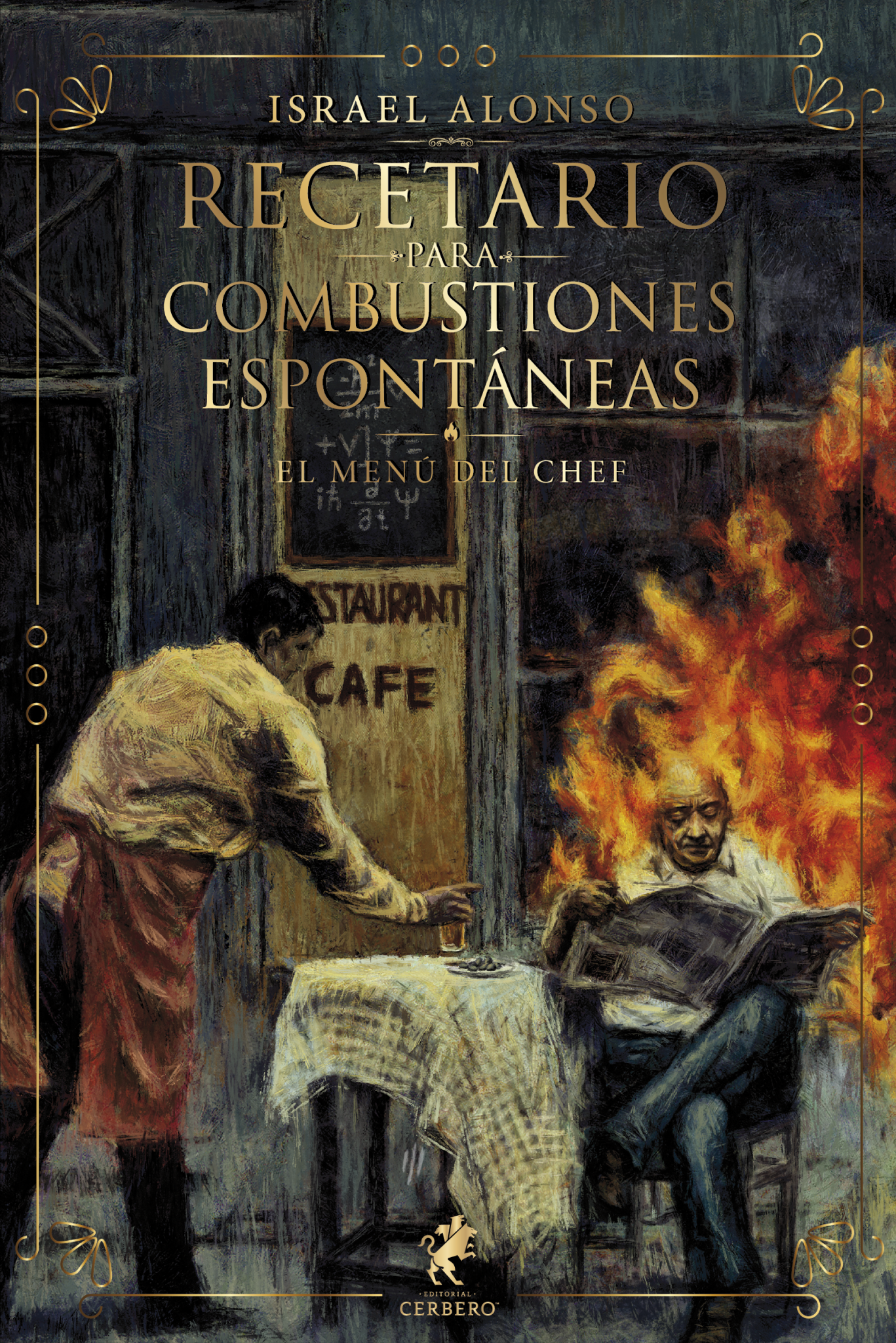 hay un tipo sentado en la terraza de un bar, leyendo el periódico. Lleva camisa blanca, metida por dentro de un pantalón vaquero azul. Pareciera que se ha vestido de domingo, se ha arreglado para tomarse esa cervecita que, junto a un platito de aceitunas, un eficiente camarero le está dejando en la mesa. Todo sería perfectamente normal, si no fuera porque el señor del periódico, que se muestra impertérrito e imperturbable, diríase incluso que está disfrutando del momento, está en llamas, igual que todo el fondo, por su parte de la mesa, que parece presa de una columna de humo cada vez mayor. La visión nos obliga a repasar de nuevo la escena: Un modesto café de fachada desgastada, donde la pintura desconchada, las ventanas oscurecidas y un viejo cartel convierten el lugar en un rincón detenido en el tiempo. Incluso una pizarra cubierta de fórmulas incomprensibles añade un matiz inquietante, como si la lógica hubiera decidido instalarse justo al borde de lo imposible. A la izquierda, un camarero se inclina con la soltura que solo otorga la repetición durante años. Su mano deposita un vaso, una caña, desde aquí parece fría, recién tirada, sobre un mantel blanco como de cuadros, que, si lo miras de reojo, parece una mortaja. El camarero deja la consumición, ajeno al prodigio que ocurre a escasos centímetros. Frente a él, un hombre continúa leyendo el periódico con absoluta serenidad mientras el fuego lo envuelve. Las llamas ascienden como una segunda piel, vivas y feroces, iluminando su rostro con reflejos anaranjados, pero él permanece inmóvil, absorto en las noticias, como si el incendio perteneciera a otro mundo. La visión nos obliga a repasar de nuevo la escena, por si se nos ha pasado algún detalle. Una cafetería. Un cliente. Contento. Ufano. Un camarero. Una cerveza. Unas aceitunas. Un incendio. Detrás, una pizarra. Una fórmula que nos habla de las probabilidades de encontrar algo muy pequeño dependiendo del paso del tiempo, en un lugar o en otro. Un incendio. ¿He dicho un incendio? La pincelada viva, contundente, certera, que muestra exactamente el color, que muestra exactamente el trazo, la sombra, la luz que necesitas para hacerte una idea de la magnitud del suceso. Casi te ofende que nadie más esté sorprendido. La pincelada está viva, y es muy probable que el ilustrador pintase esta obra mientras él mismo se quemaba en una hoguera.